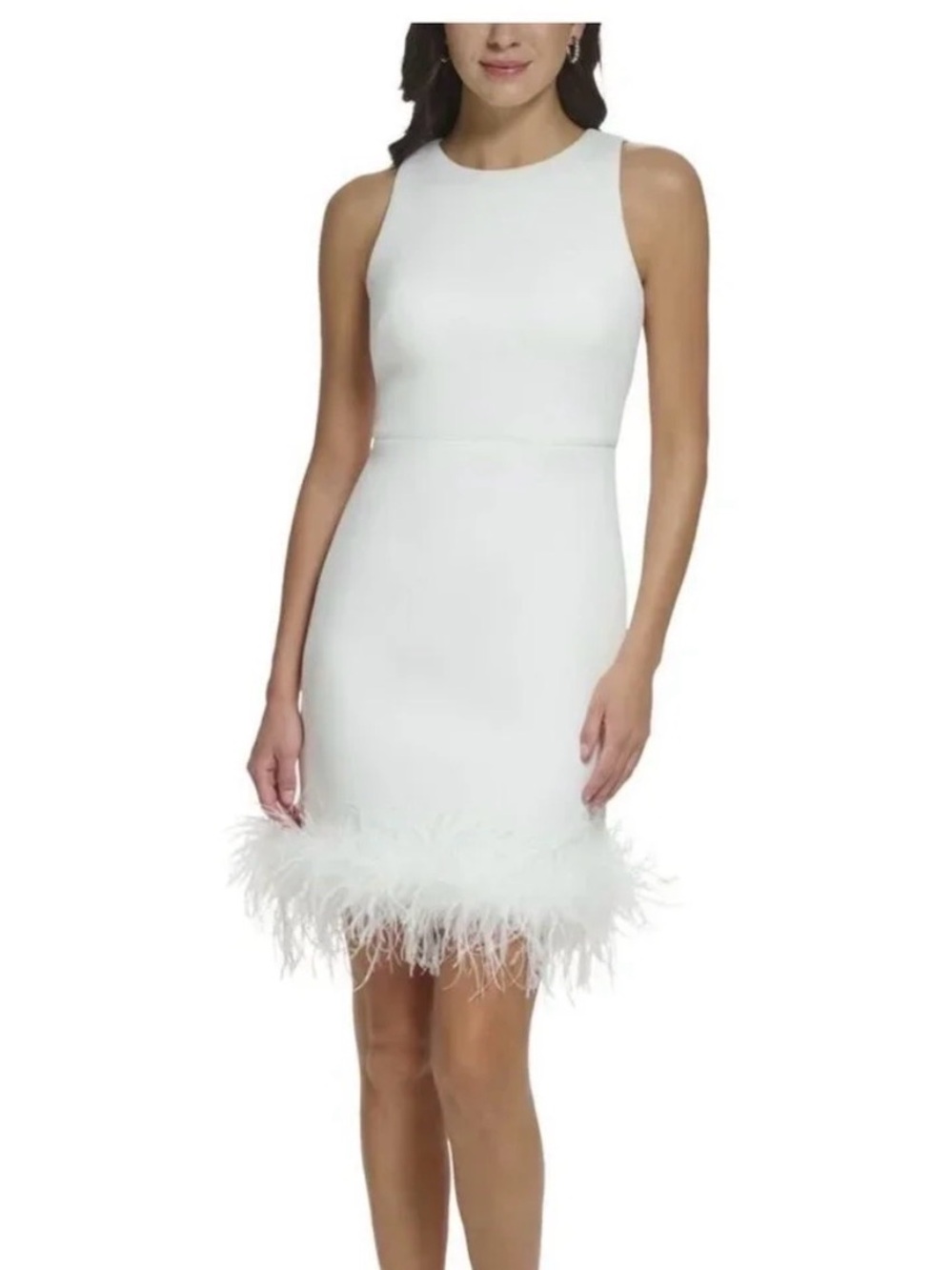 ELIZA J Sleeveless White Feather Hem Sheath Dress in Ivory Sz: 6 $246